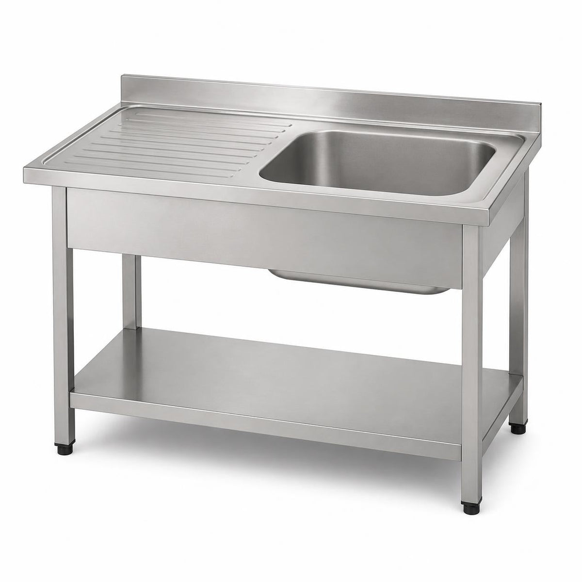 Stainless steel single bowl sink with left hand draining board, upstand and undershelf