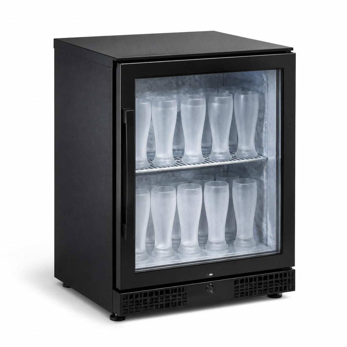 Black undercounter glass froster with glass door holding frosted beer glasses