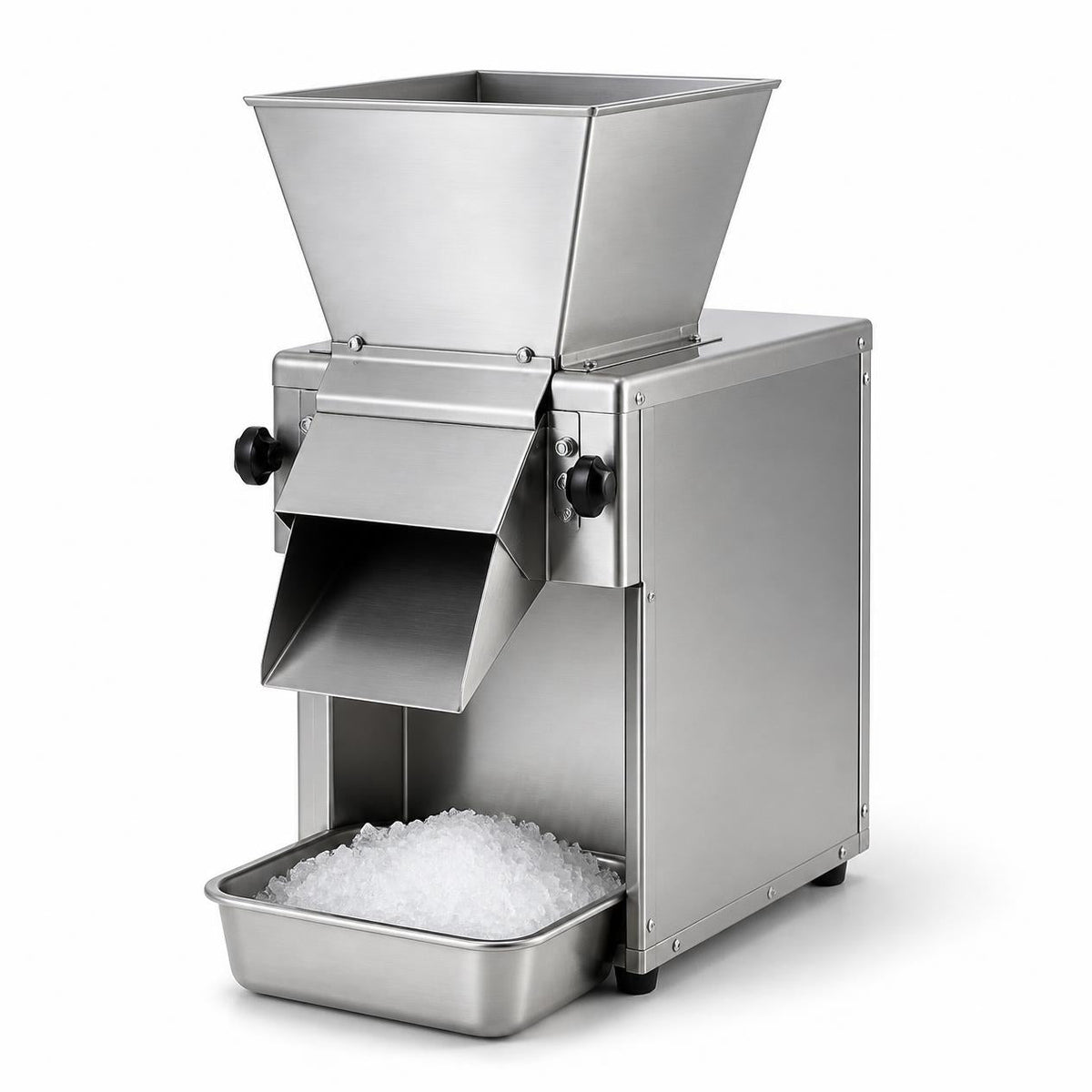 Stainless steel commercial ice crusher with hopper, chute and tray of crushed ice