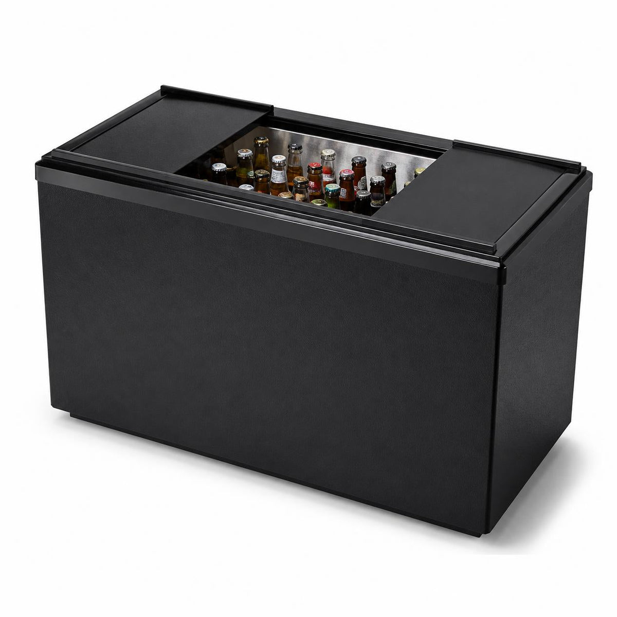 Black top loading bottle cooler with sliding lids holding bottled drinks