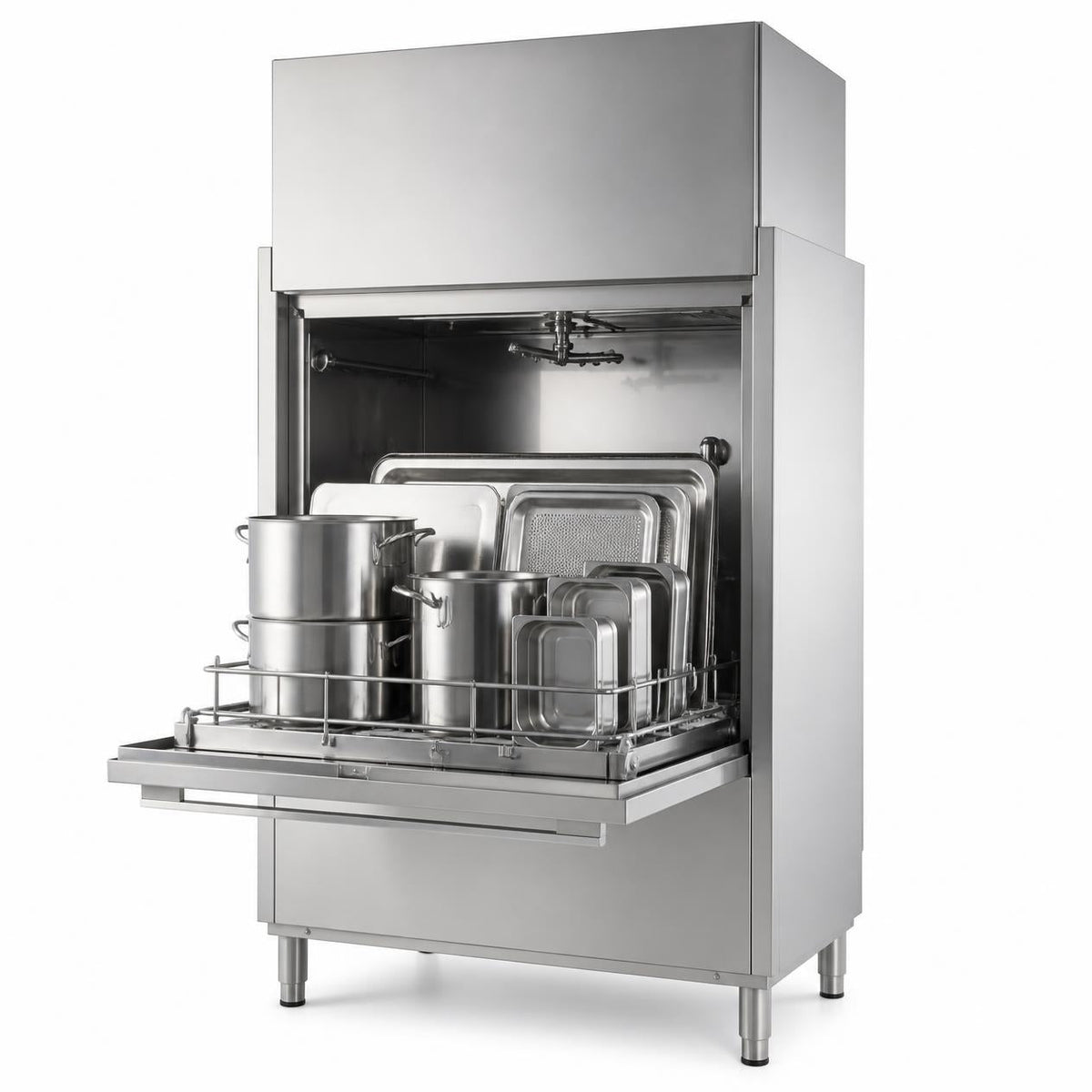Stainless steel commercial utensil washer with pots, pans and gastronorm trays loaded on the rack
