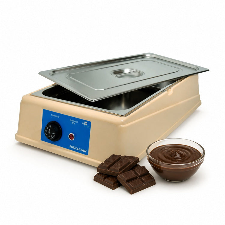 ICB chocolate melter with dark chocolate pieces and a bowl of melted chocolate