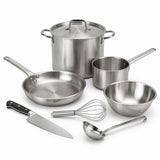 Stainless steel stock pot, frying pan, saucepan, chef's knife, whisk, ladle and mixing bowl