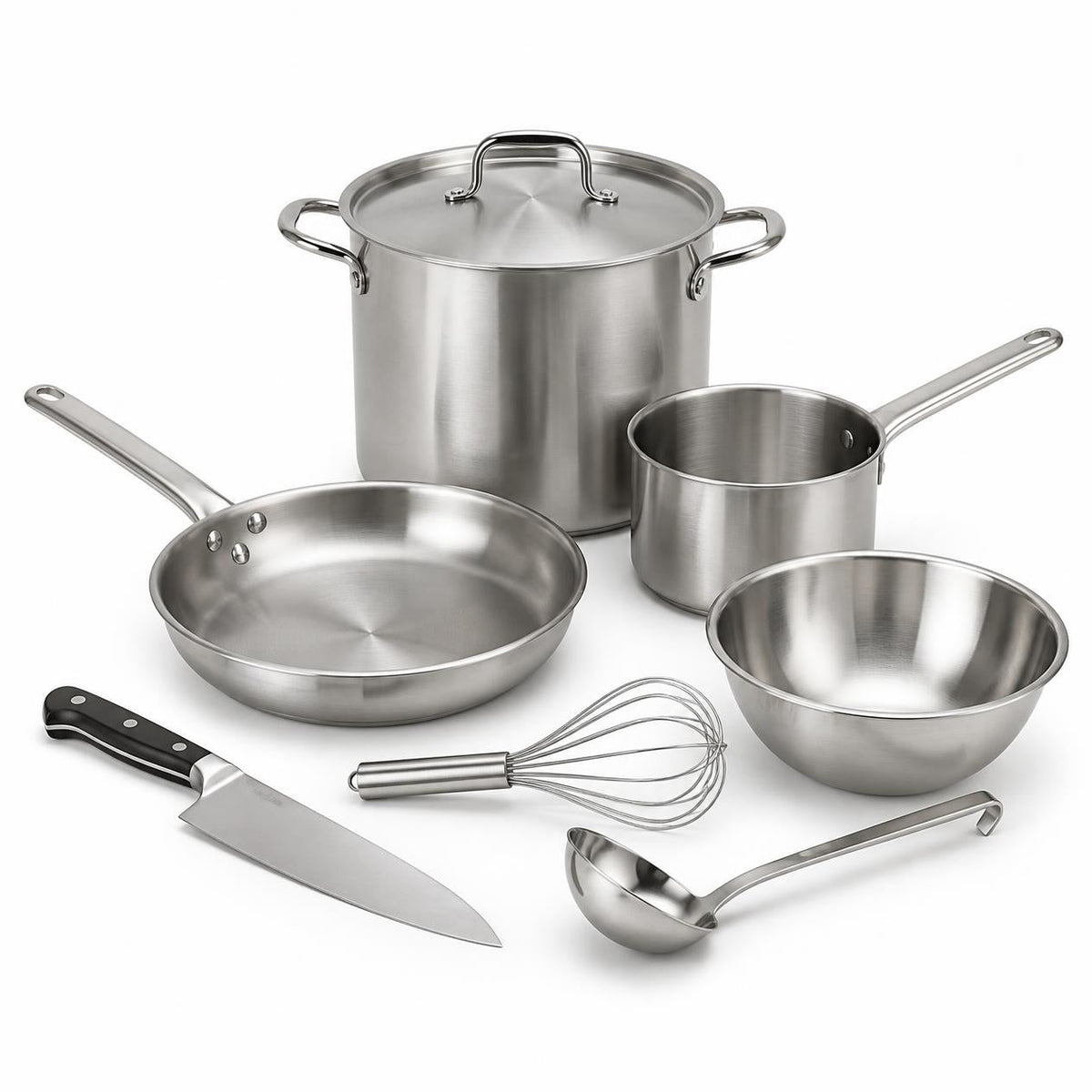 Stainless steel stock pot, frying pan, saucepan, chef's knife, whisk, ladle and mixing bowl