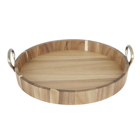 Olympia Round Tray Acacia Wood with Metal Handles 440x405x100mm