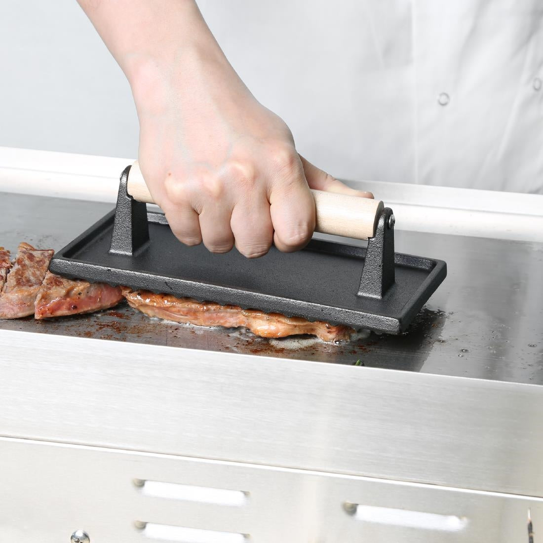 Vogue Cast Iron Steak Weight with Wood Handle product image
