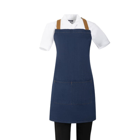 Southside Short Length X-Cross Back Bib Apron Denim Blue with Tan Ties