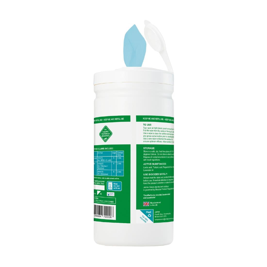 Jantex Green Sanitiser Wipes Starter Tub 130mm (100 Pack)