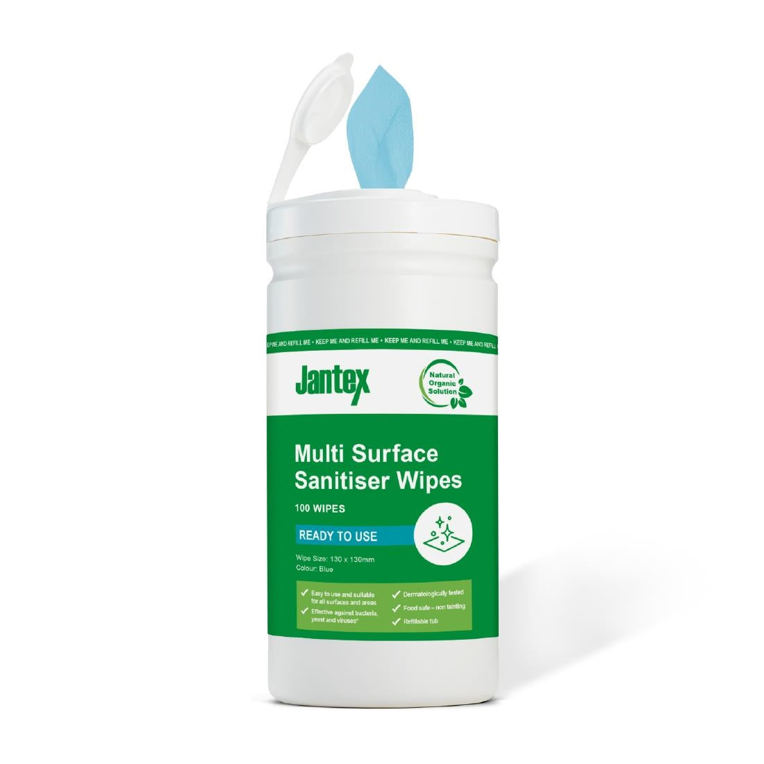 Jantex Green Sanitiser Wipes Starter Tub 130mm (100 Pack)