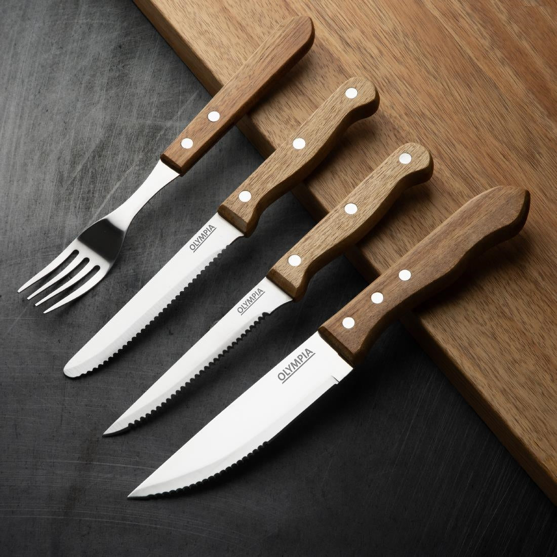 Olympia Rounded Steak Knives with Acacia Wood Handles 110mm (12 Pack)
