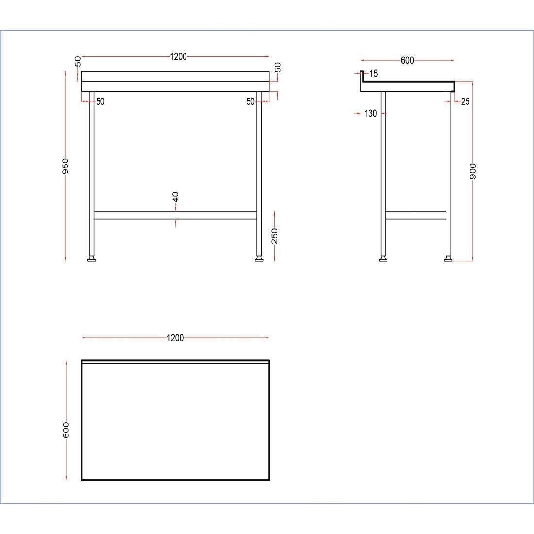 Vogue Stainless Steel Wall Table with Upstand 1200x600mm