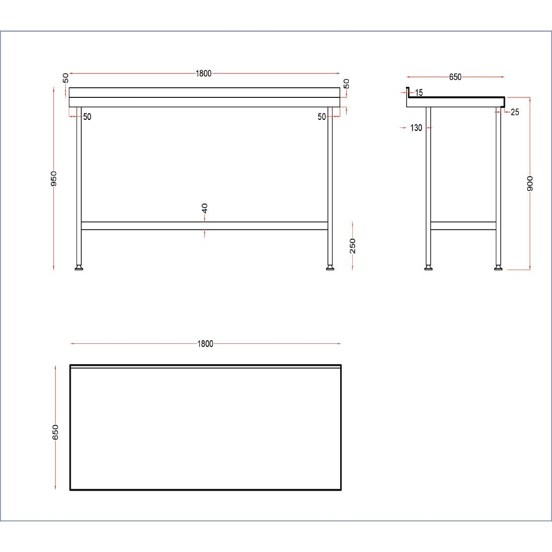 Vogue Stainless Wall Table with Upstand 1800x650mm