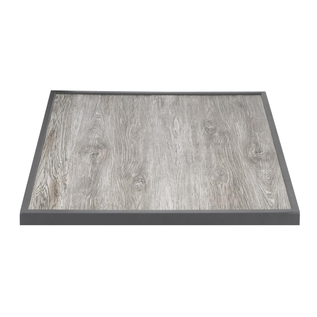 Bolero Wood Grain Effect Outdoor Tempered Glass Table Top Grey Trim 700mm - Advantage Catering Equipment