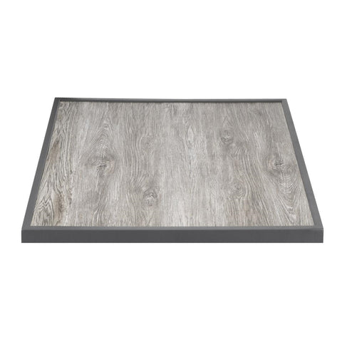 Bolero Wood Grain Effect Outdoor Tempered Glass Table Top Grey Trim 700mm - Advantage Catering Equipment