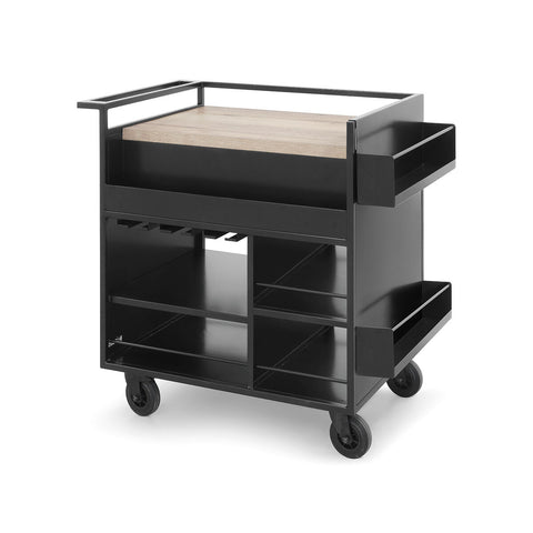 Pujadas compact cocktail trolley with oak finish and glass rails