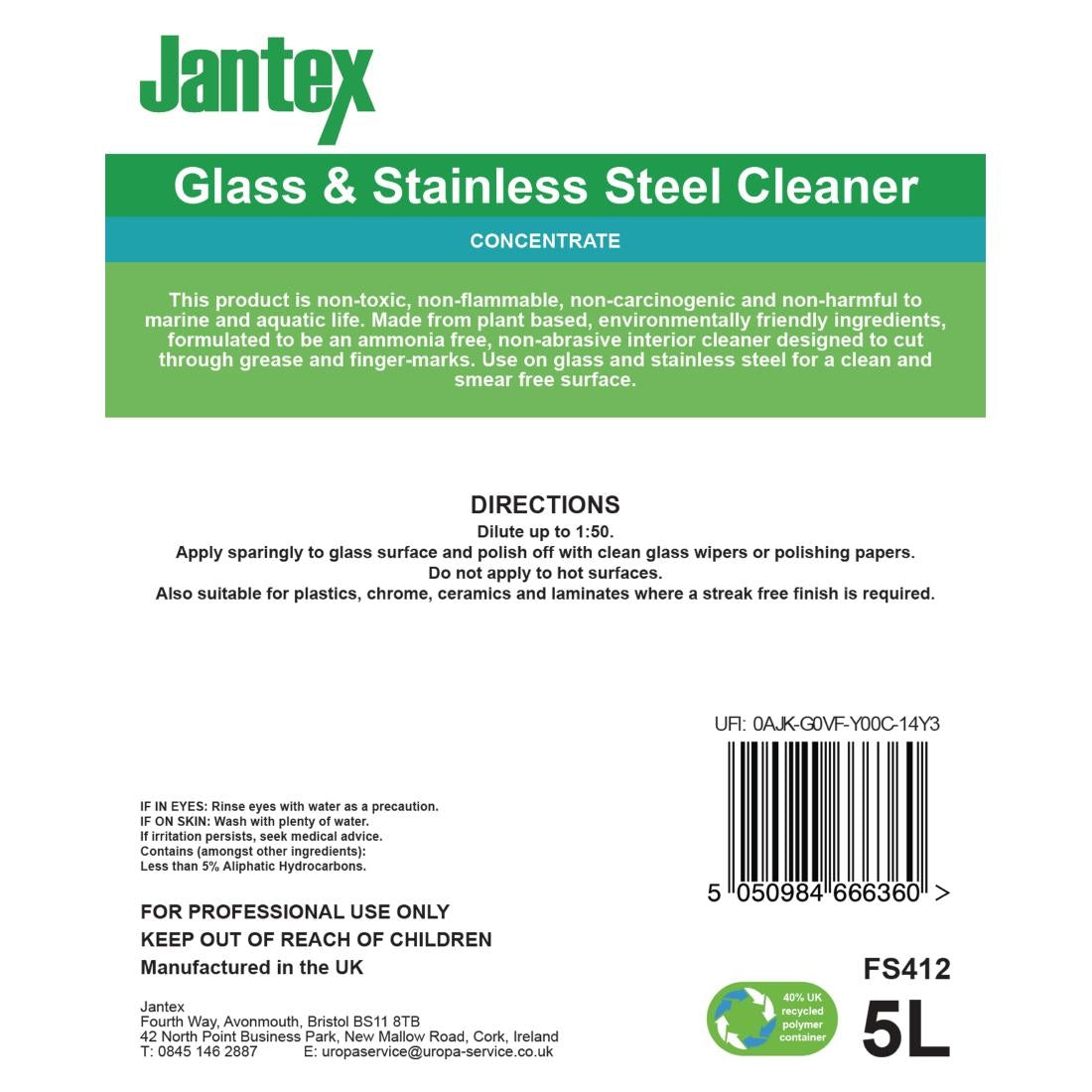 Jantex Green Glass and Stainless Steel Cleaner Concentrate 5Ltr