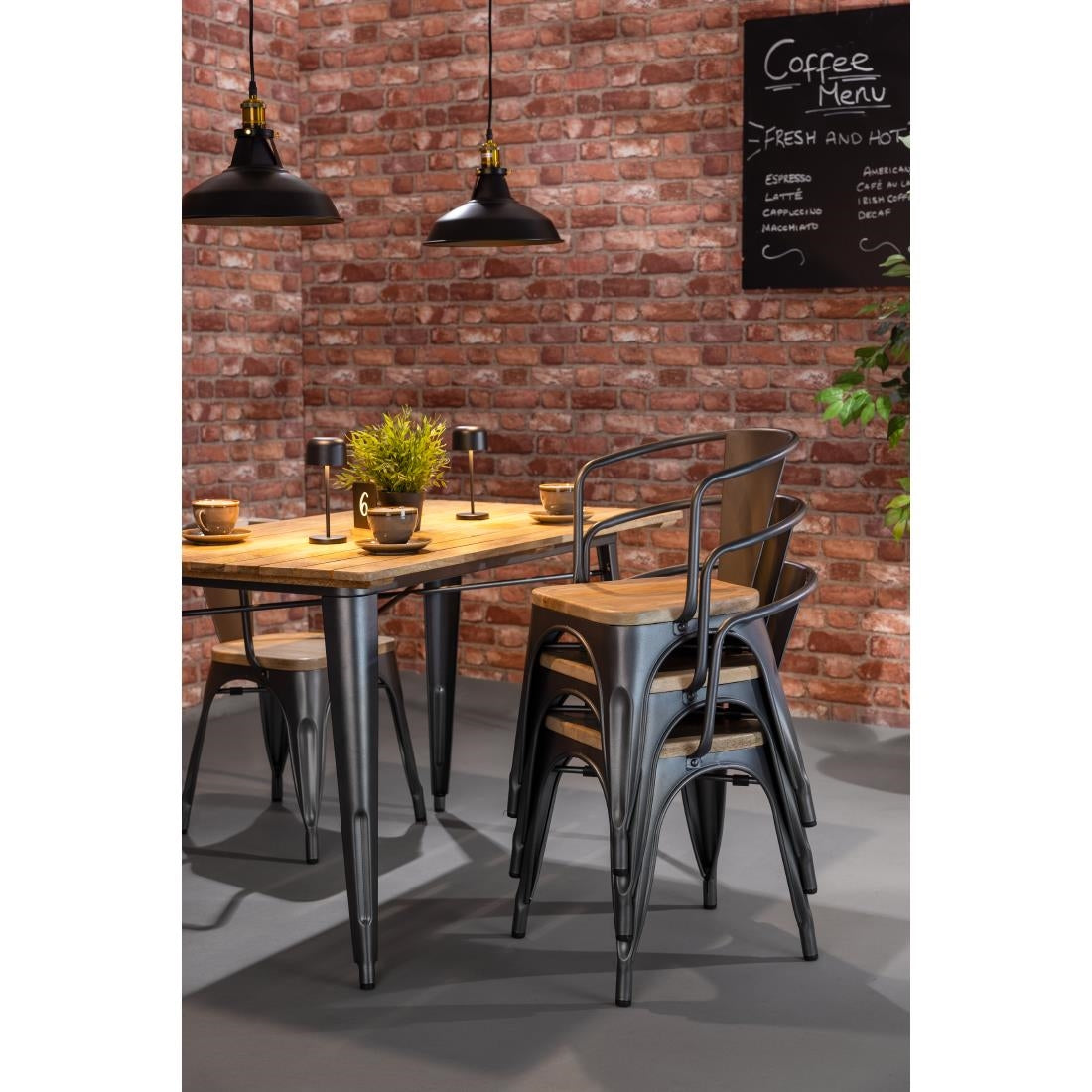 Bolero Bistro Dining Table Slatted Mango Wood Top Gunmetal 1200mm