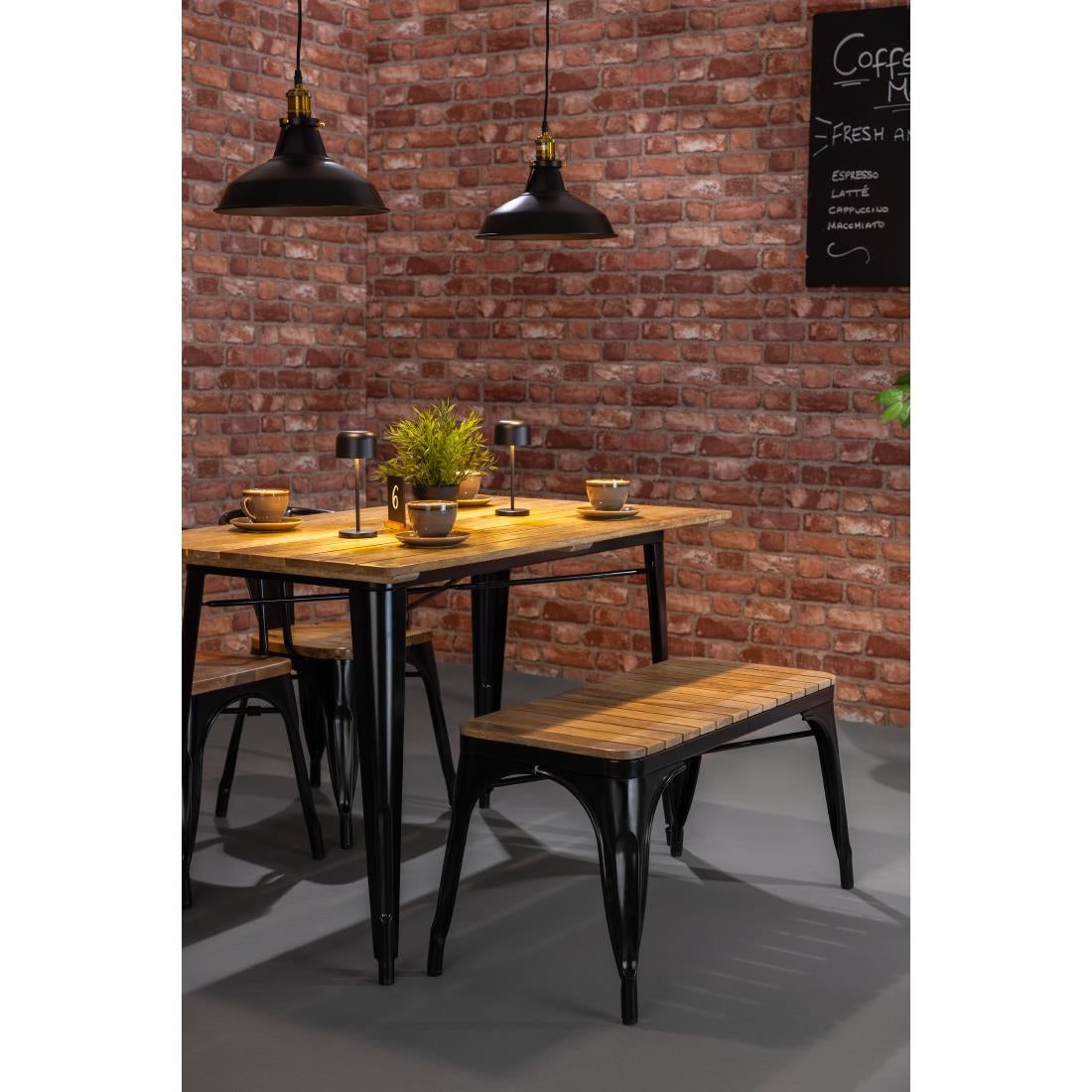 Bolero Bistro Indoor Bench Slatted Mango Wood & Black Frame 850mm (2 Pack)