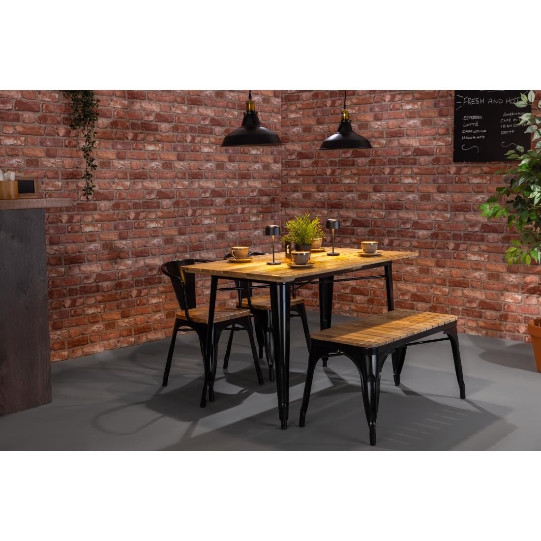 Bolero Bistro Dining Table Slatted Mango Wood Top Black 1200mm