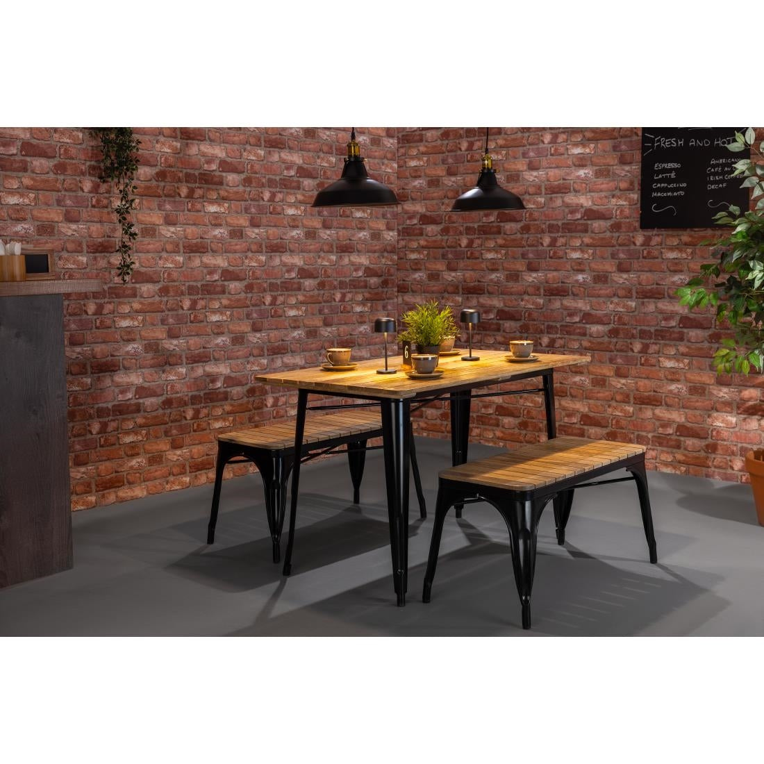 Bolero Bistro Indoor Bench Slatted Mango Wood & Black Frame 850mm (2 Pack)