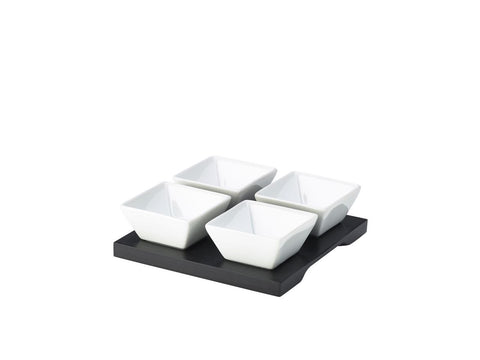 Genware 1653B Black Wood Dip Tray Set 15 x 15cm W/ 4 Dishes - Pack of 4
