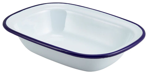 Genware 44020 Enamel Rect. Pie Dish White & Blue 20cm - Pack of 12