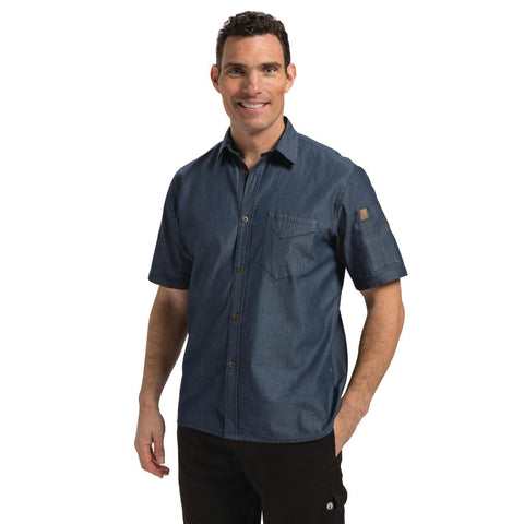 Chef Works Detroit Unisex Denim Shirt Short Sleeve Blue XS