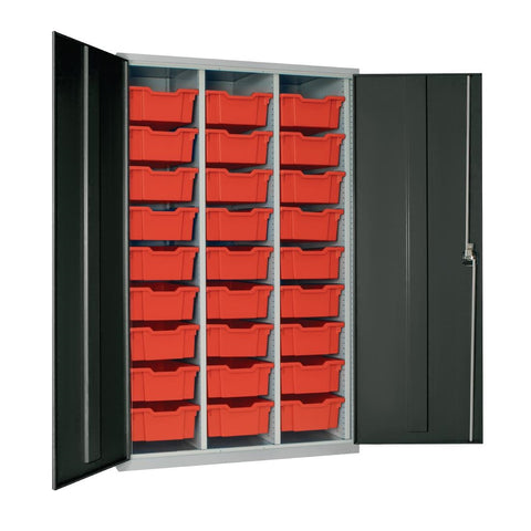 27 Tray High-Capacity Storage Cupboard - Dark Grey with Red Trays