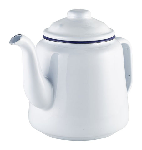 Genware 69612WH Enamel Teapot White with Blue Rim 1L