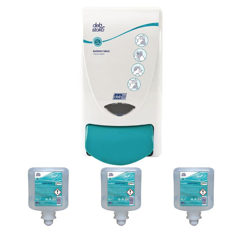 Deb Antibac Soap Dispenser and 3 Unperfumed Antibacterial Foam Hand Soaps 1Ltr